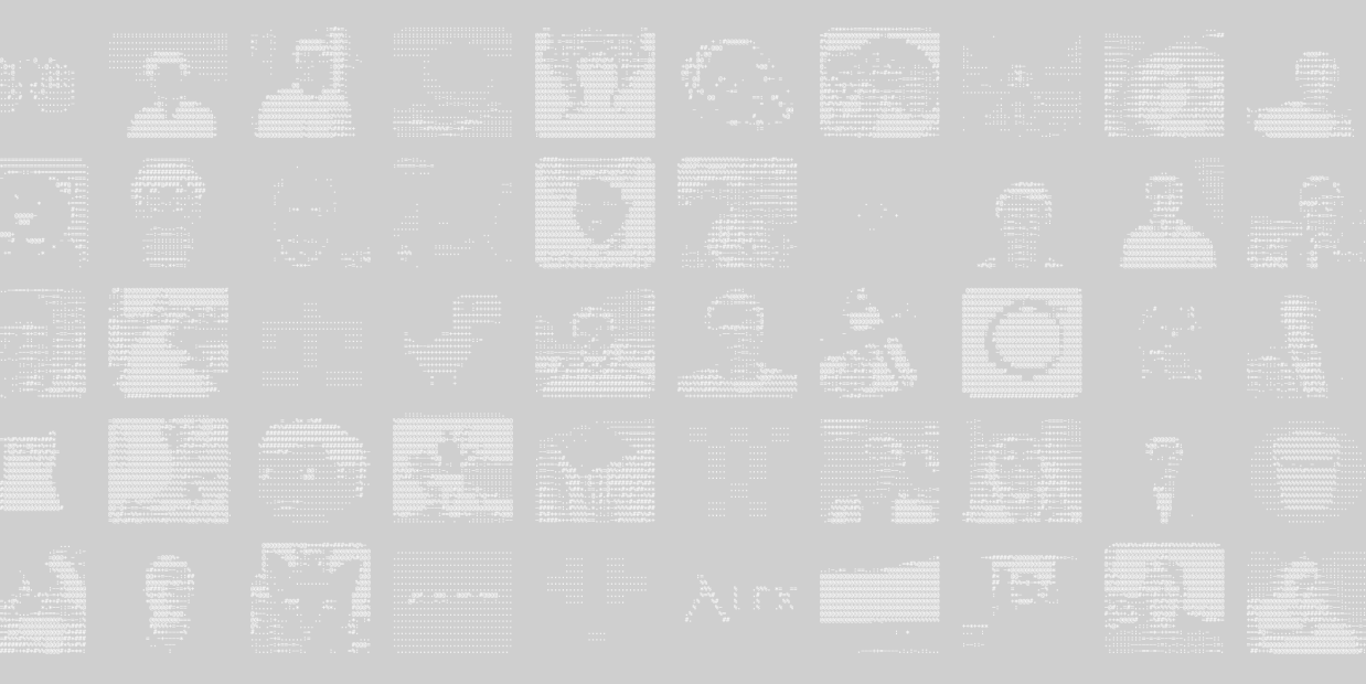 Grid of multiple black-and-white ASCII art portraits of various people and objects, arranged in rows and columns.
