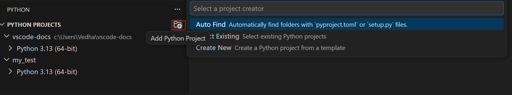 Screenshot showing the Python Projects panel with the Add Python Project dropdown menu displaying Add Existing and Auto Find options.