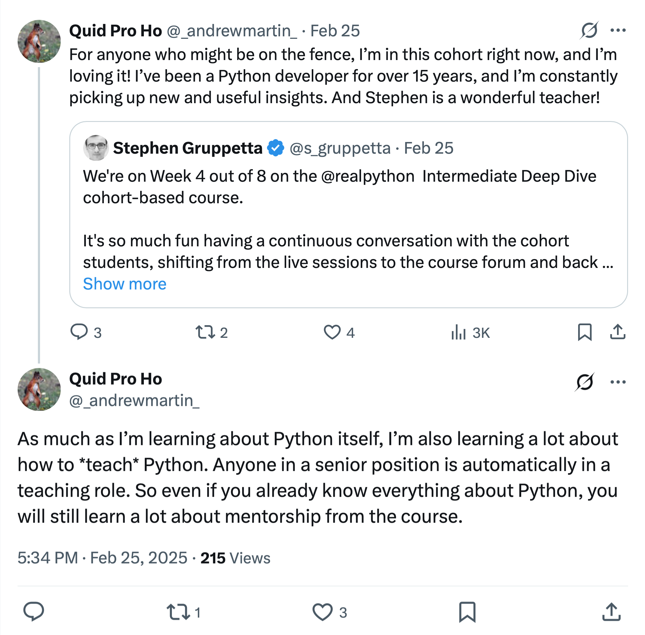 A screenshot of a participant testimonial for Real Python's Intermedia Deep Dive Course posted on social media