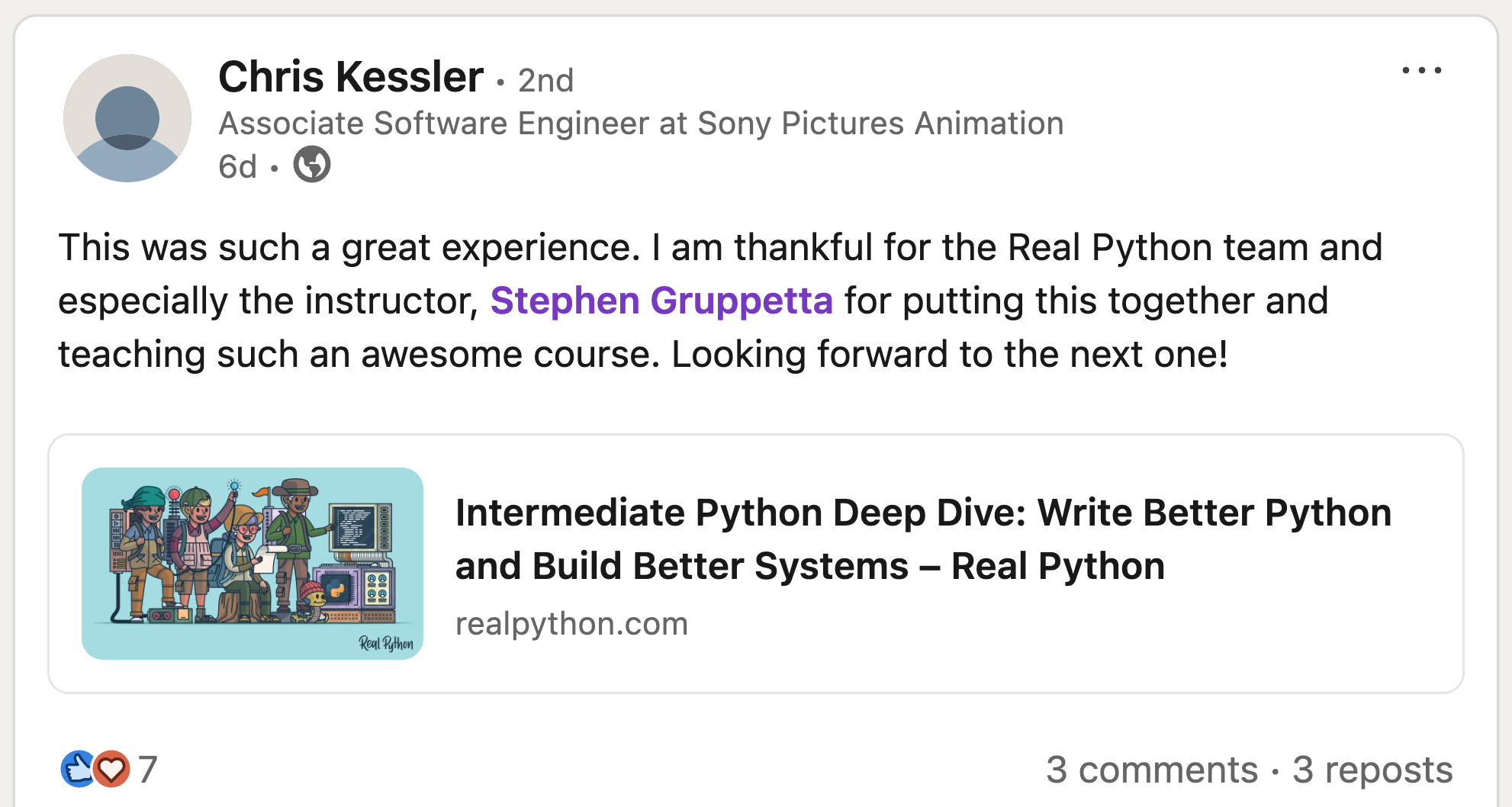 A screenshot of a LinkedIn post from a participant of the Intermediate Python Deep Dive workshop