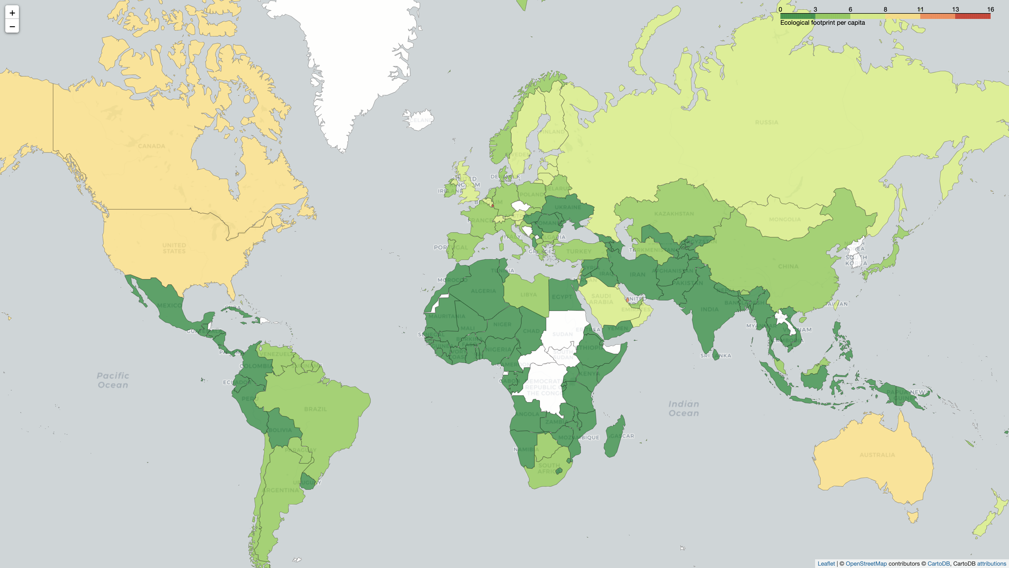 Folium map showing the ecological footprint per capita displayed in an inverse RdYlGn color palette