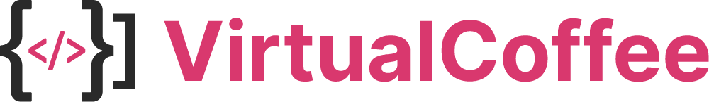 Virtual Coffee full logo - brackets and carets making a mug shape before the words "Virtual Coffee"