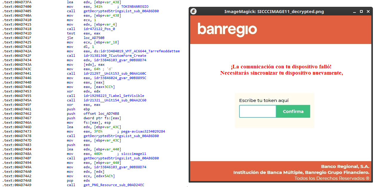 Overlay de token falso usado para roubo de credenciais (à direita), com desmontagem (à esquerda)