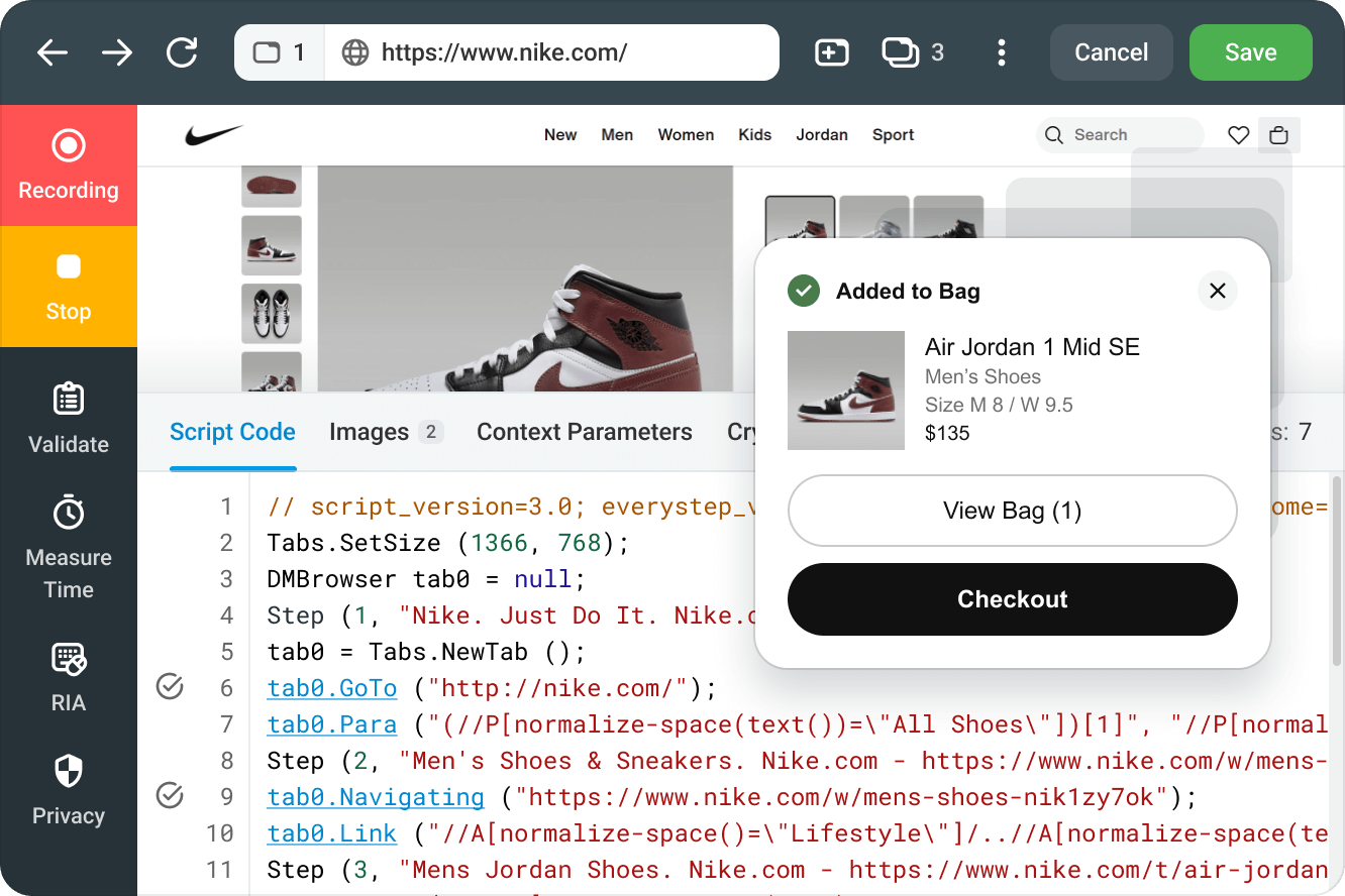 A web application monitoring dashboard displays a sneaker purchase process alongside code and performance data.