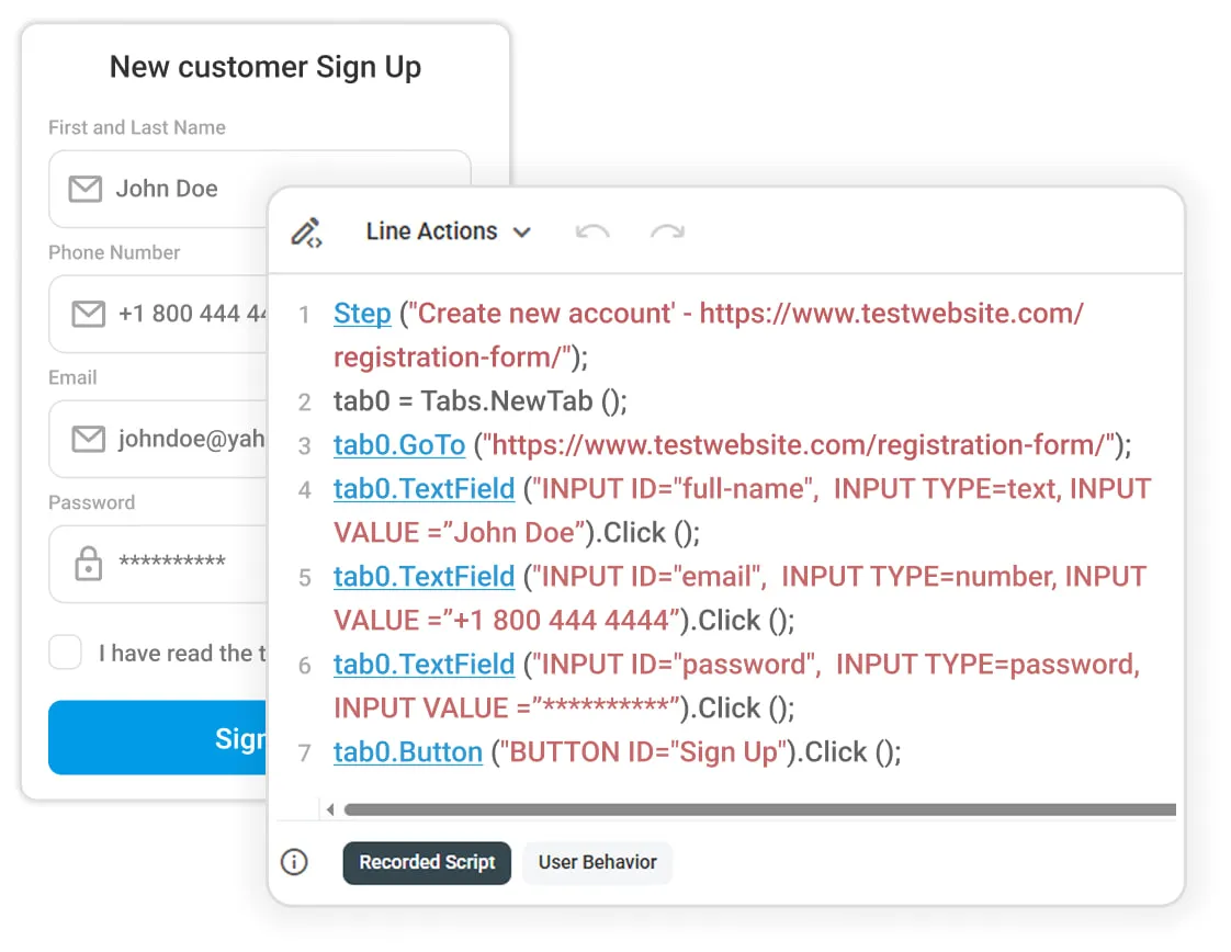 A webpage displays a customer sign-up form on the left and a code window showing browser automation steps in the center.