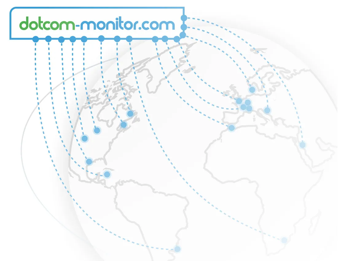 A diagram of a world map with dotted lines connecting locations and a Dotcom-Monitor logo, illustrating the global reach of Dotcom-Monitor&rsquo;s advanced monitoring network.